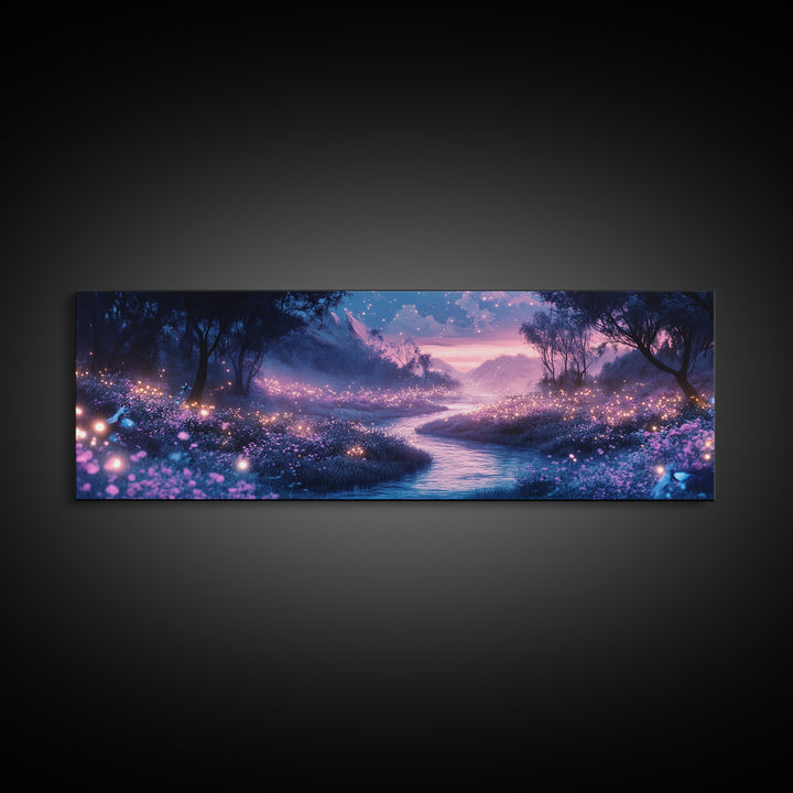 Glowing Purple Meadow Stream Wall Art, Twilight Firefly Landscape Canvas Print, Dreamy Forest Decor, Magical Nature Art Gift