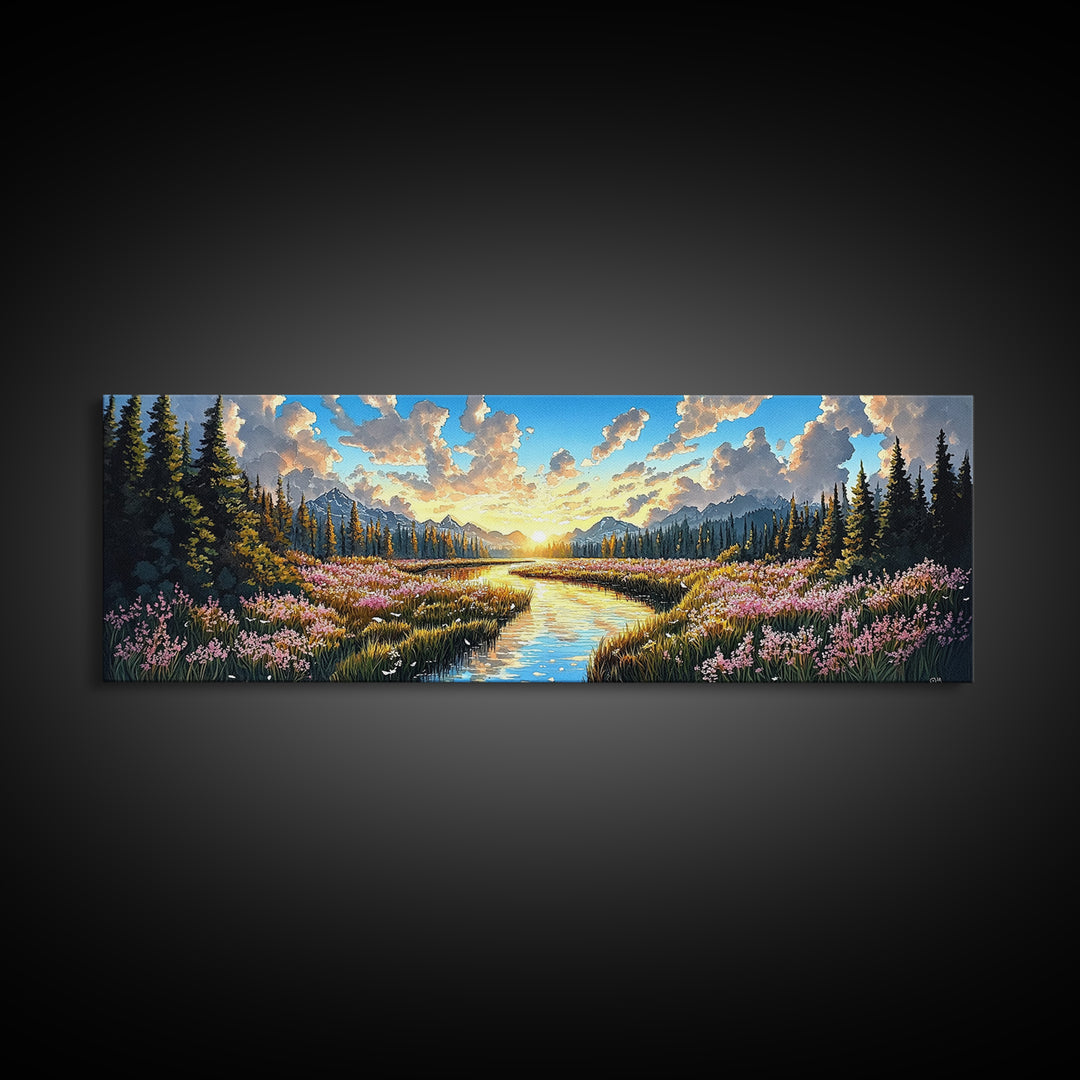 Alpine Mountain Meadow Creek Wall Art, Sunrise Wildflower Landscape Canvas Print, Cabin Decor, Living Room Wall Decor, Nature Art