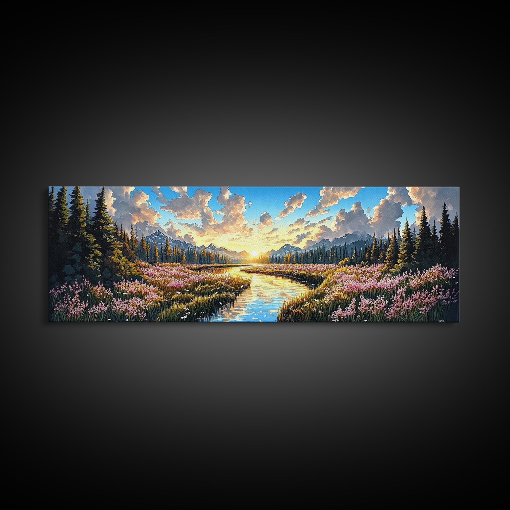Alpine Mountain Meadow Creek Wall Art, Sunrise Wildflower Landscape Canvas Print, Cabin Decor, Living Room Wall Decor, Nature Art