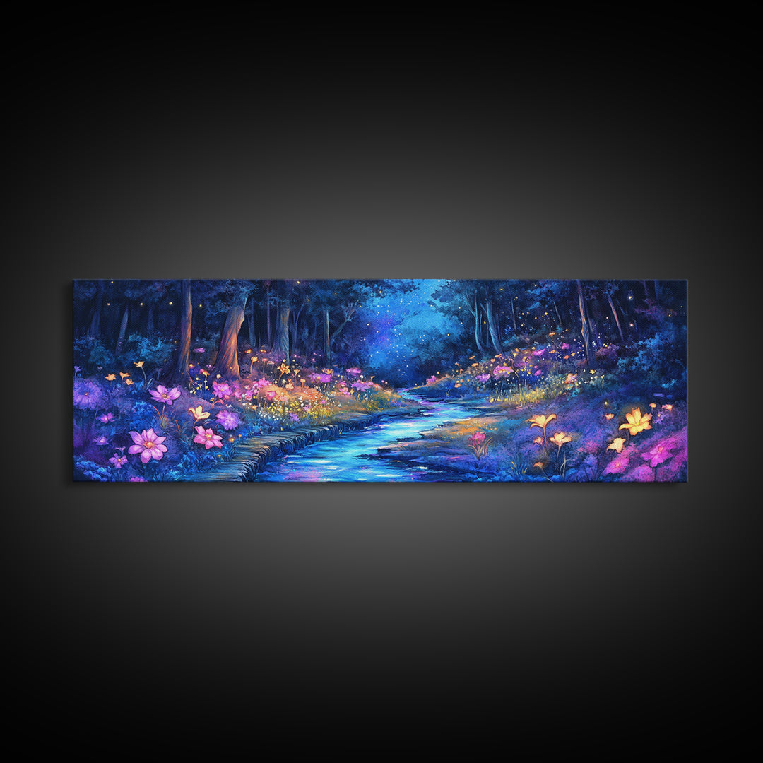 Moonlit Blue Forest Stream Wall Art, Glowing Wildflower Landscape Canvas Print, Fairy Garden Decor, Magical Nature Art Gift
