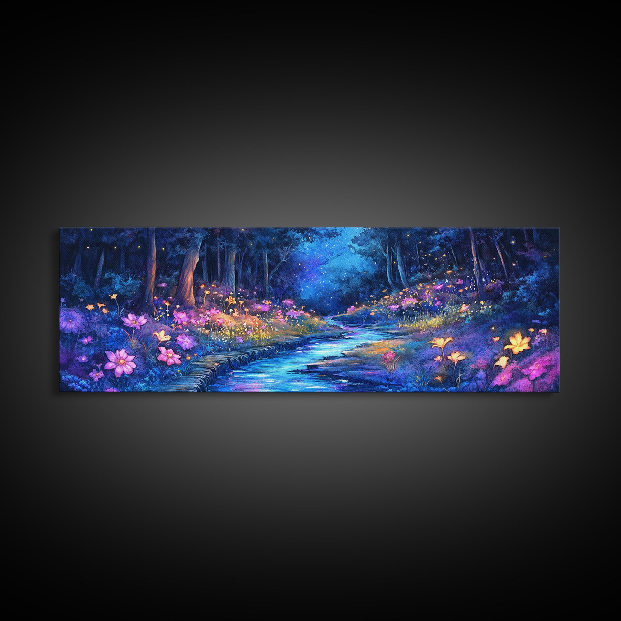 Moonlit Blue Forest Stream Wall Art, Glowing Wildflower Landscape Canvas Print, Fairy Garden Decor, Magical Nature Art Gift