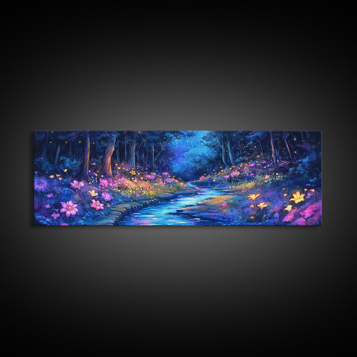 Moonlit Blue Forest Stream Wall Art, Glowing Wildflower Landscape Canvas Print, Fairy Garden Decor, Magical Nature Art Gift