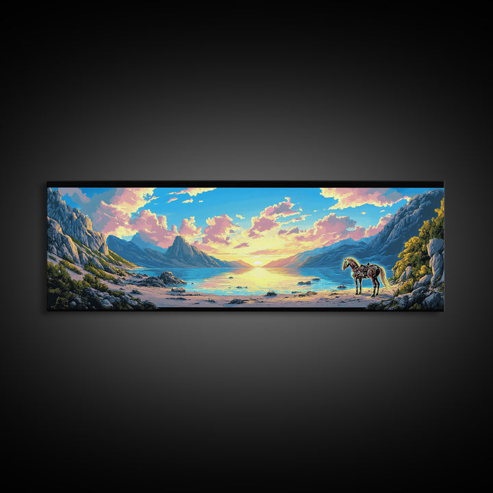 Pastel Mountain Cove With Zebra Wall Art, Fantasy Coastal Landscape Canvas Print, Surreal Beach Decor, Colorful Nature Art