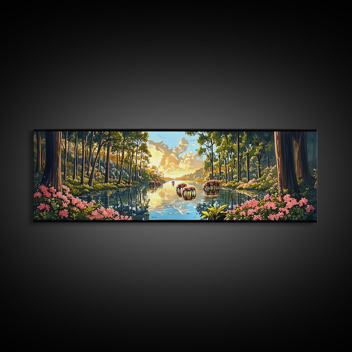 Sunlit Forest River With Wild Horses Wall Art, Panoramic Canvas Print, Nature Landscape, Living Room Decor, Housewarming Gift