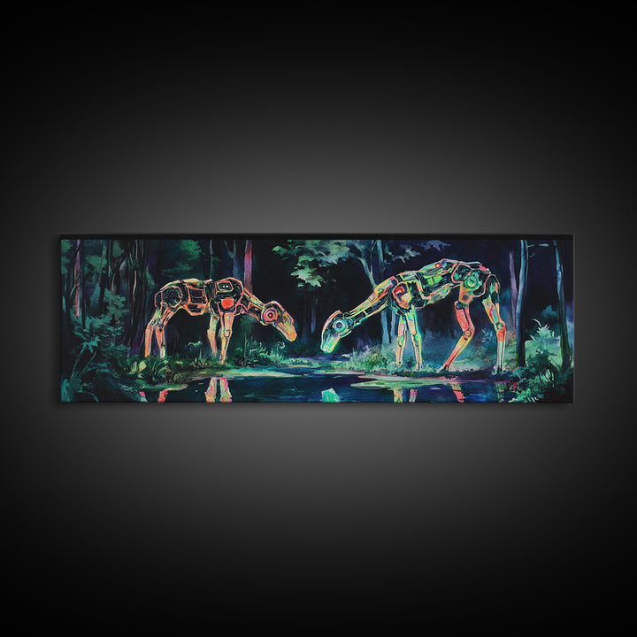 Neon Robotic Deer In Dark Forest Wall Art, Futuristic Canvas Print, Cyberpunk Decor, Sci Fi Art, Gaming Room Wall Decor, Gift For Him