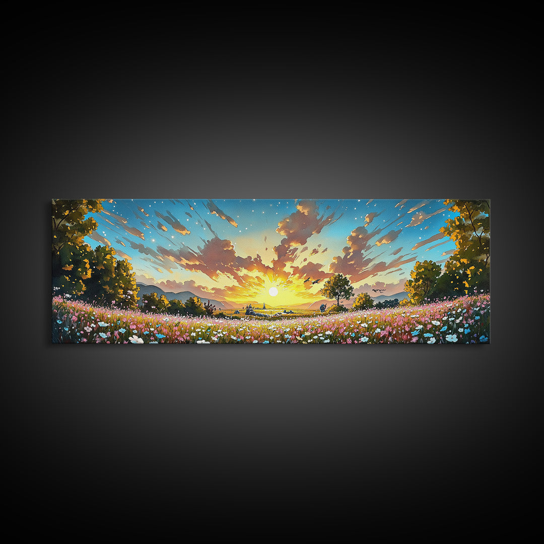 Golden Sunrise Wildflower Meadow Wall Art, Wide Horizontal Canvas Print, Landscape Art, Above Sofa Decor, Modern Home Decor
