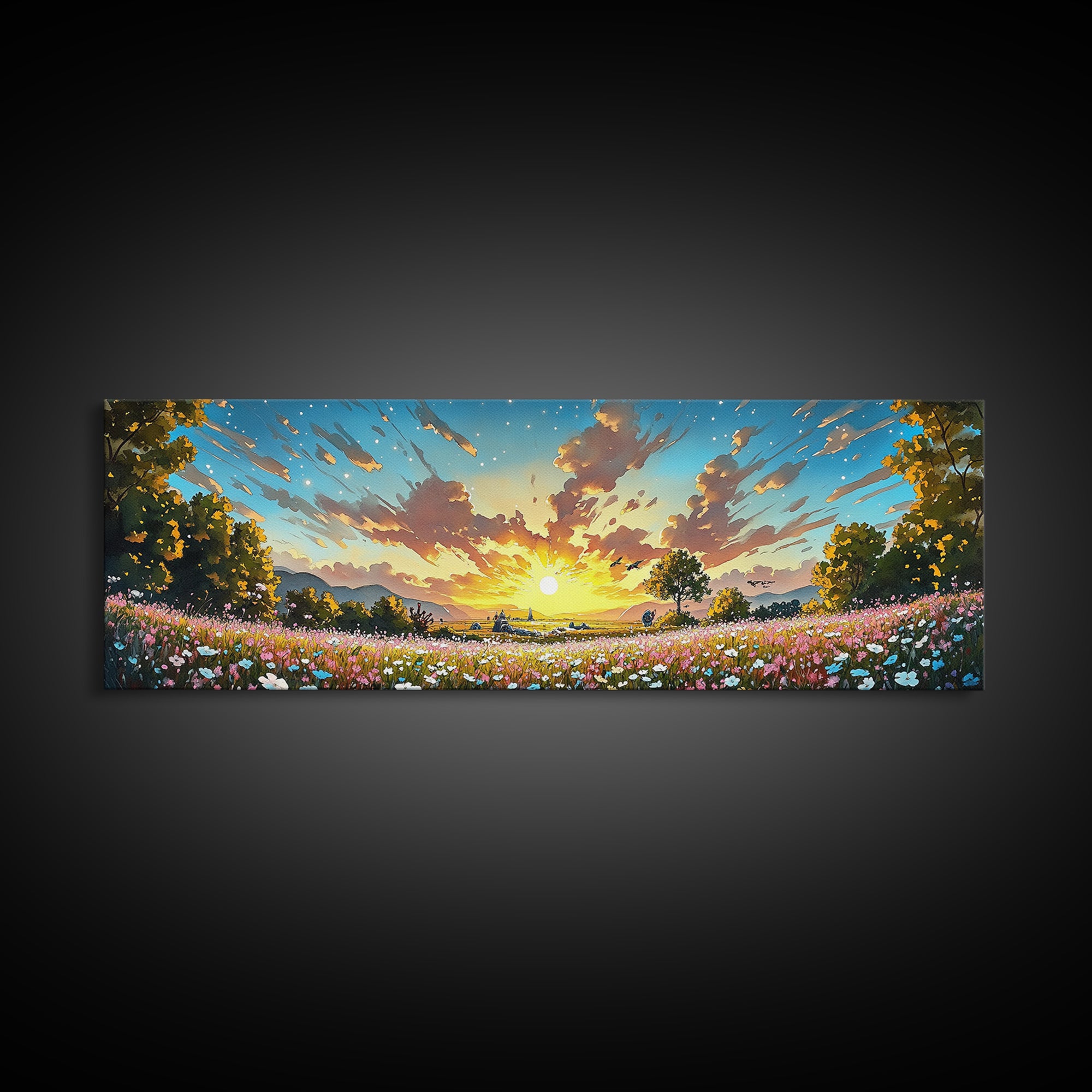 Golden Sunrise Wildflower Meadow Wall Art, Wide Horizontal Canvas Print, Landscape Art, Above Sofa Decor, Modern Home Decor