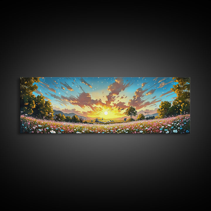 Golden Sunrise Wildflower Meadow Wall Art, Wide Horizontal Canvas Print, Landscape Art, Above Sofa Decor, Modern Home Decor