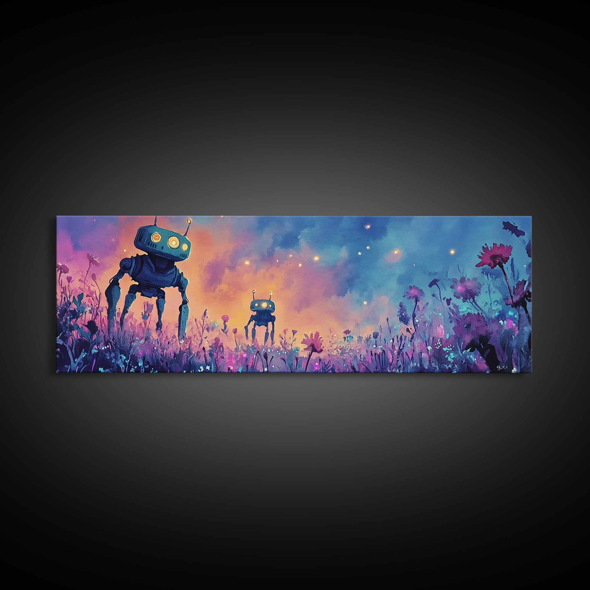 Cute Robots In Pastel Wildflower Field Wall Art, Whimsical Canvas Print, Sci Fi Decor, Kids Room Art, Unique Gift, Nursery Decor