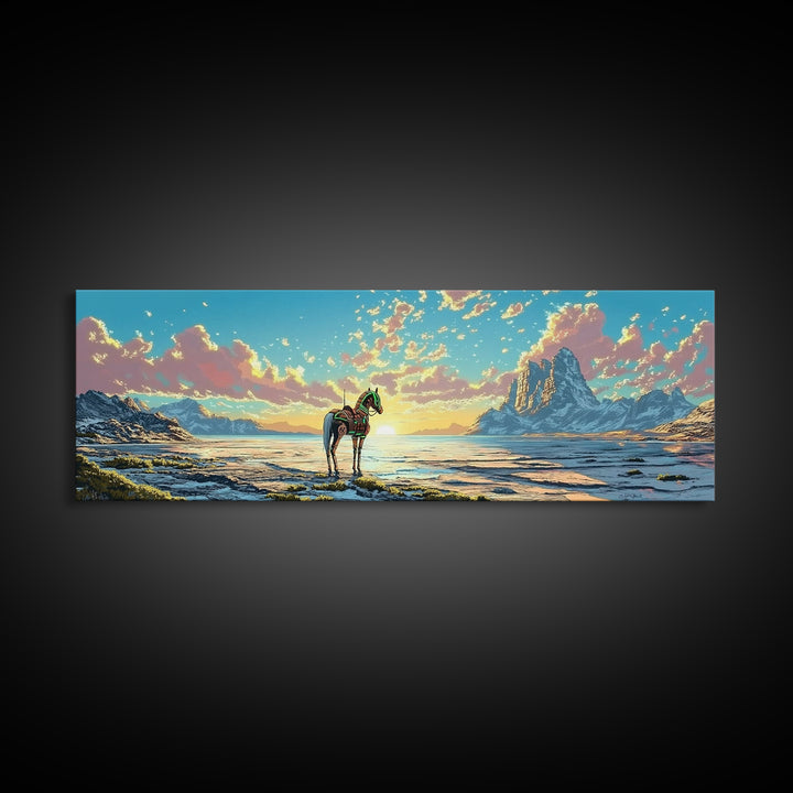 Solitary Horse At Alpine Sunrise Canvas Print, Panoramic Mountain Lake Wall Art, Western Decor, Living Room Decor, Home Decor