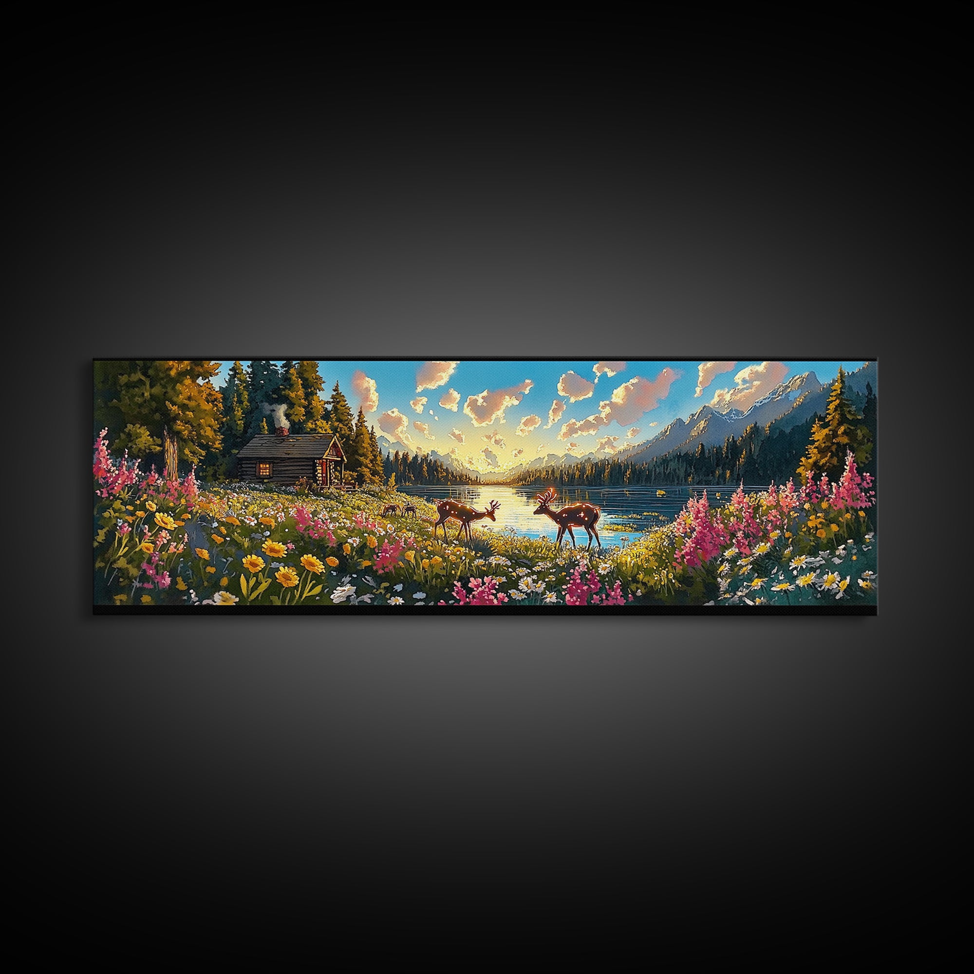 Rustic Cabin With Deer And Wildflowers Framed Canvas Print, Mountain Lake Wall Art, Farmhouse Decor, Housewarming Gift, Living Room Decor
