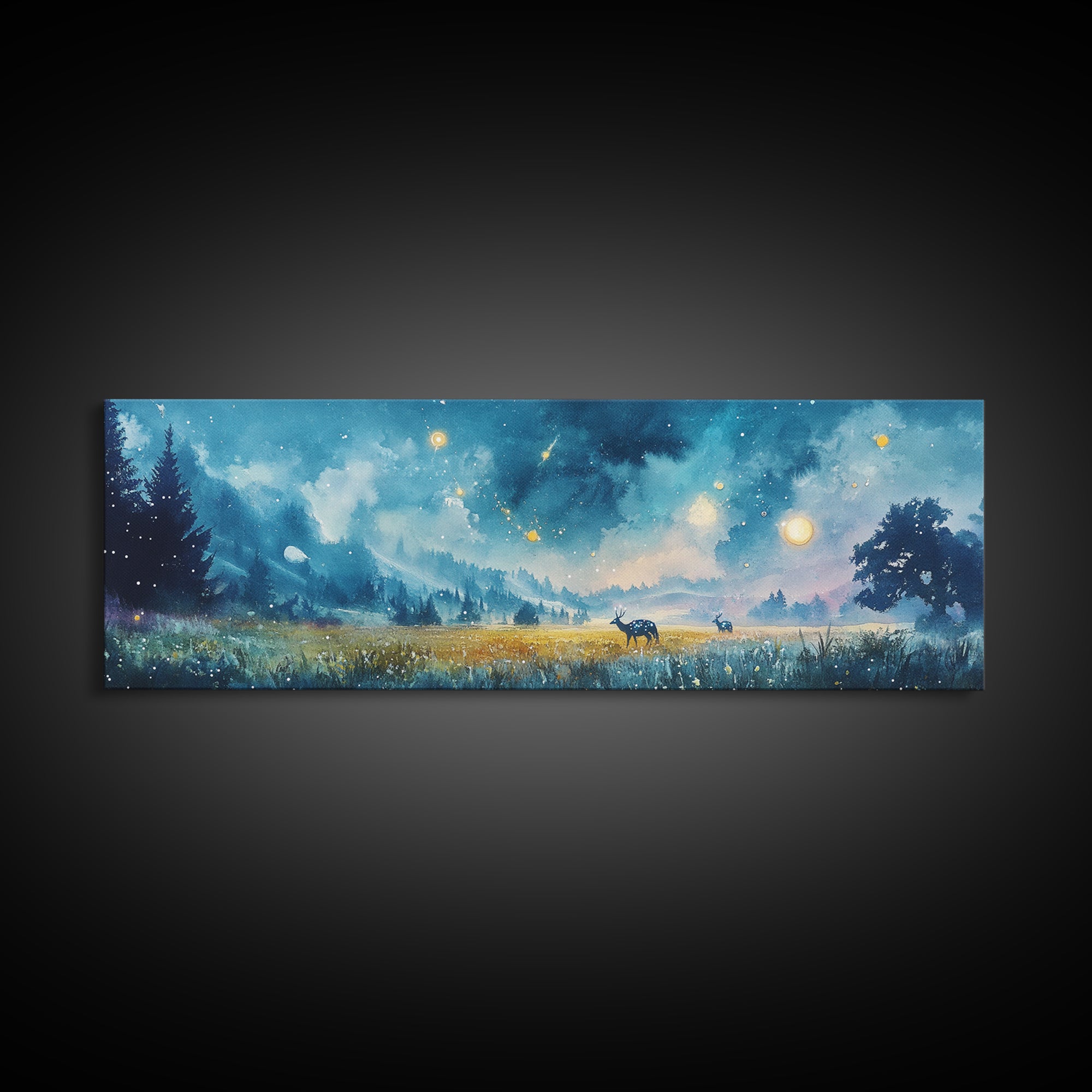 Moonlit Blue Meadow With Deer And Fireflies Wall Art, Dreamy Landscape Canvas Print, Celestial Decor, Calming Bedroom Decor
