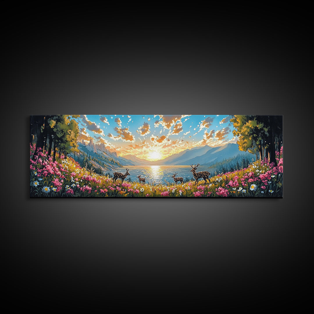 Deer Herd At Golden Alpine Lake Sunrise Wall Art, Wildflower Mountain Landscape Canvas Print, Large Living Room Decor, Housewarming Gift