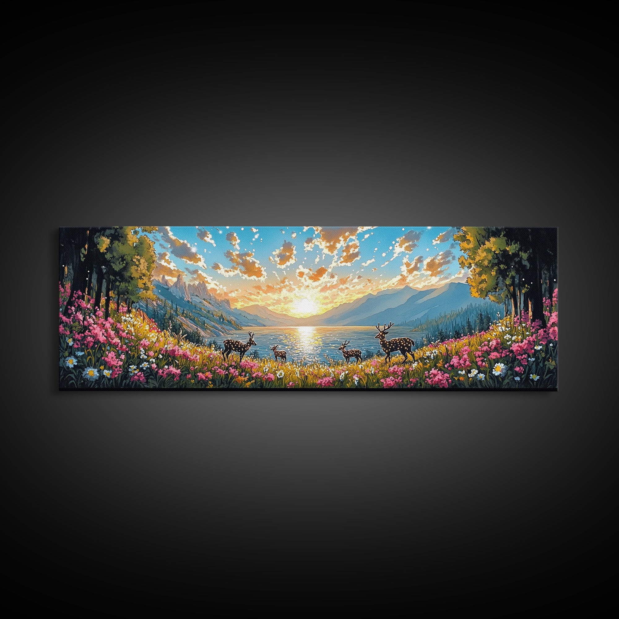 Deer Herd At Golden Alpine Lake Sunrise Wall Art, Wildflower Mountain Landscape Canvas Print, Large Living Room Decor, Housewarming Gift