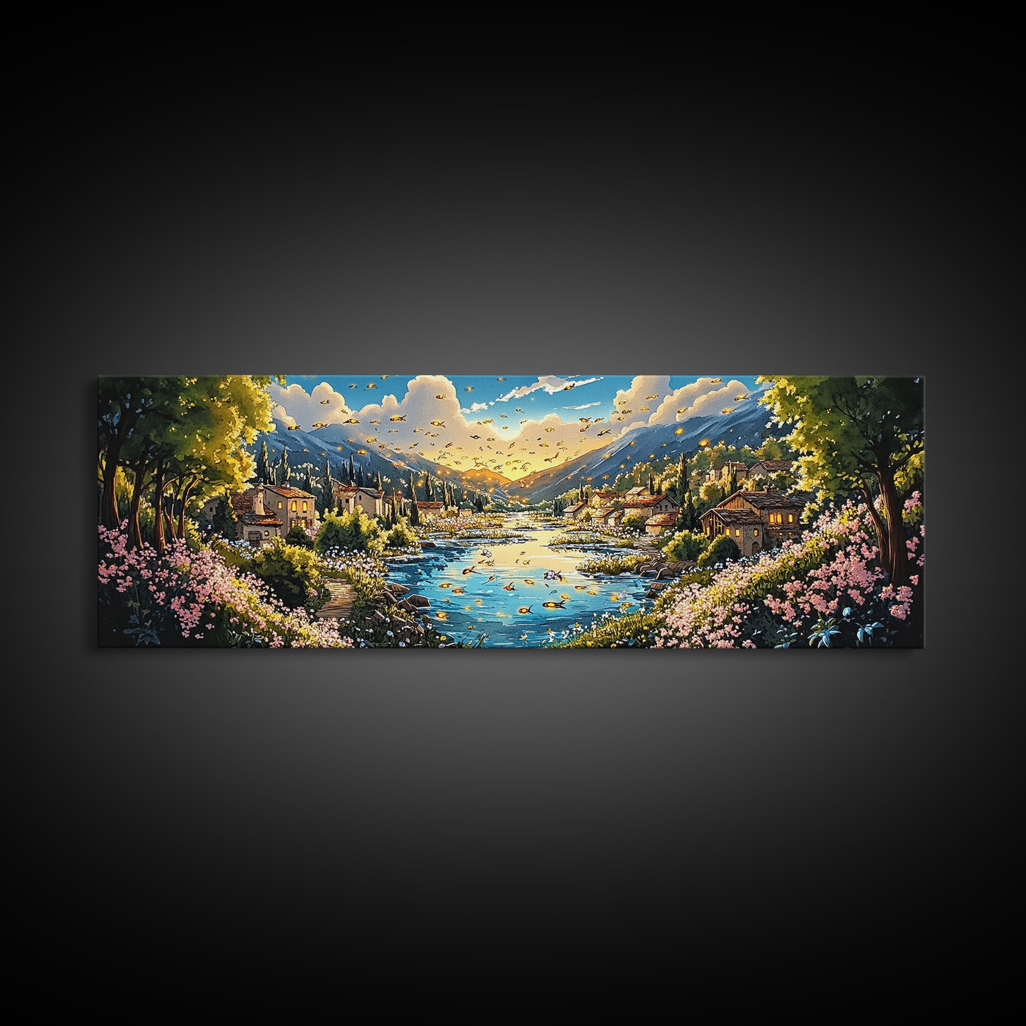 Sunny Mountain River Village With Wildflowers Wall Art, Panoramic Landscape Canvas Print, Rustic Home Decor, Above Sofa Art