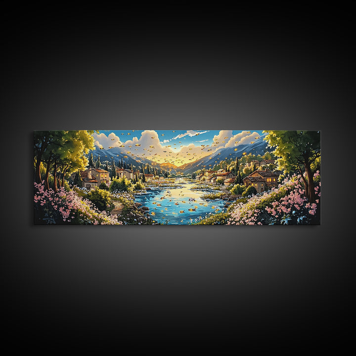 Sunny Mountain River Village With Wildflowers Wall Art, Panoramic Landscape Canvas Print, Rustic Home Decor, Above Sofa Art