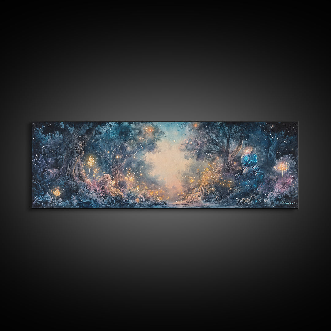 Enchanted Blue Forest With Glowing Fireflies Wall Art, Fantasy Landscape Canvas Print, Magical Woodland Living Room Decor