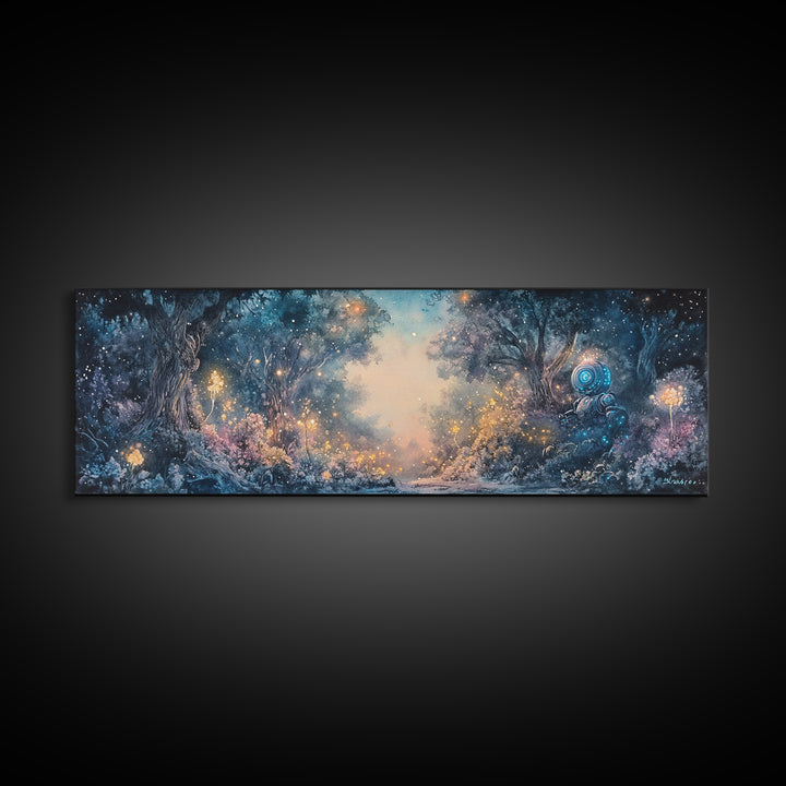 Enchanted Blue Forest With Glowing Fireflies Wall Art, Fantasy Landscape Canvas Print, Magical Woodland Living Room Decor