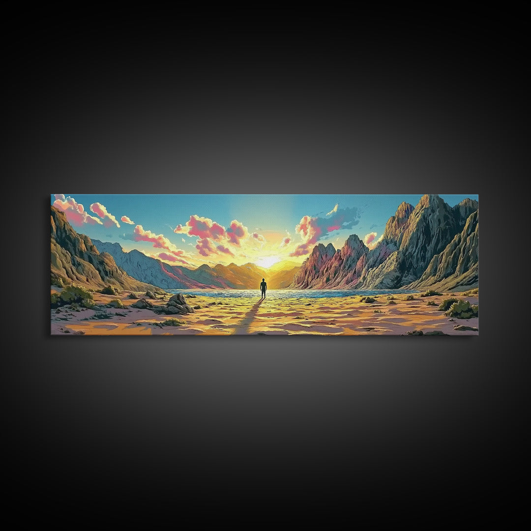 Radiant Mountain Sunrise Valley With Lone Wanderer Wall Art, Panoramic Landscape Canvas Print, Large Modern Living Room Decor