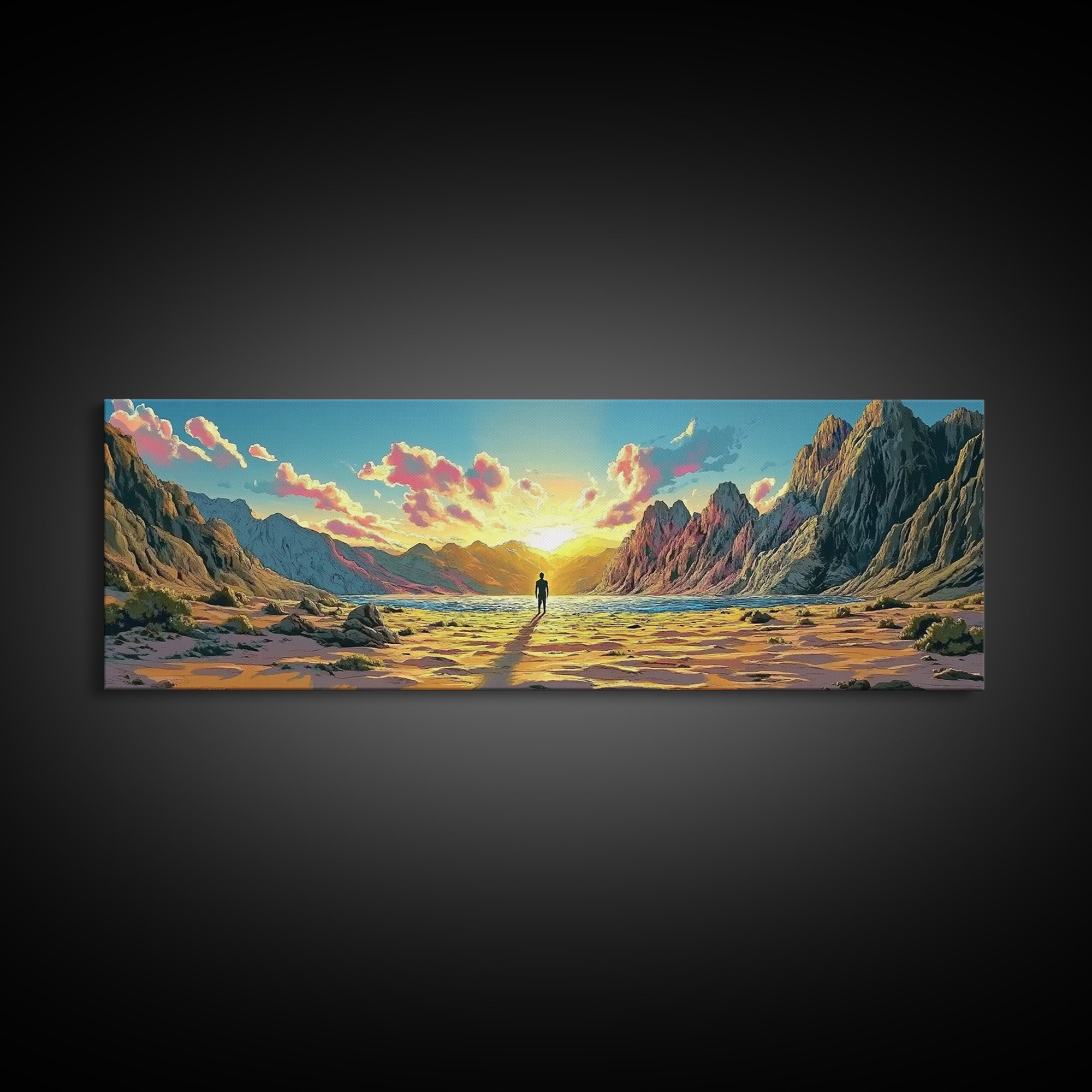 Radiant Mountain Sunrise Valley With Lone Wanderer Wall Art, Panoramic Landscape Canvas Print, Large Modern Living Room Decor