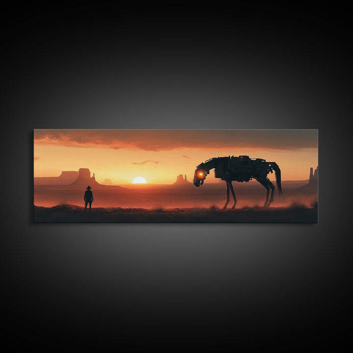Cyberpunk Cowboy And Mechanical Horse At Sunset Wall Art, Sci Fi Western Canvas Print, Desert Landscape Man Cave Office Decor