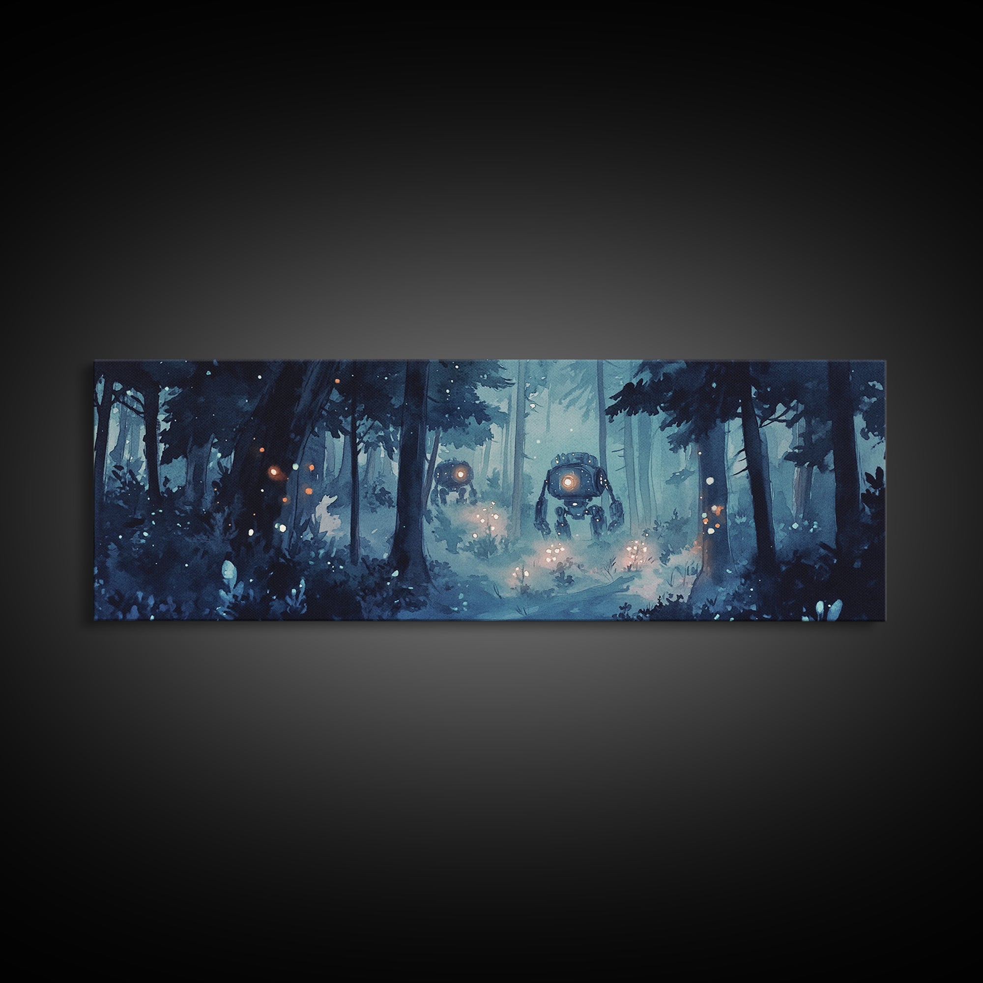 Misty Blue Forest Robots With Glowing Lantern Eyes Wall Art, Sci Fi Fantasy Canvas Print, Moody Woodland Home Office Decor