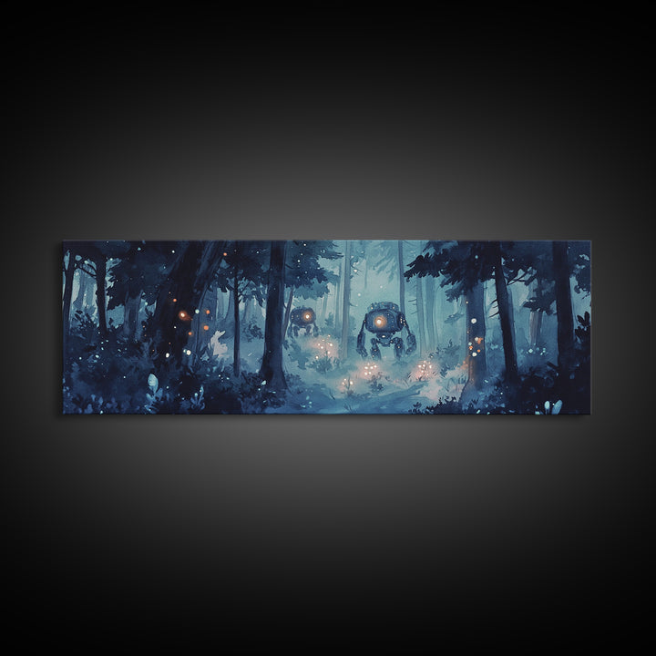 Misty Blue Forest Robots With Glowing Lantern Eyes Wall Art, Sci Fi Fantasy Canvas Print, Moody Woodland Home Office Decor