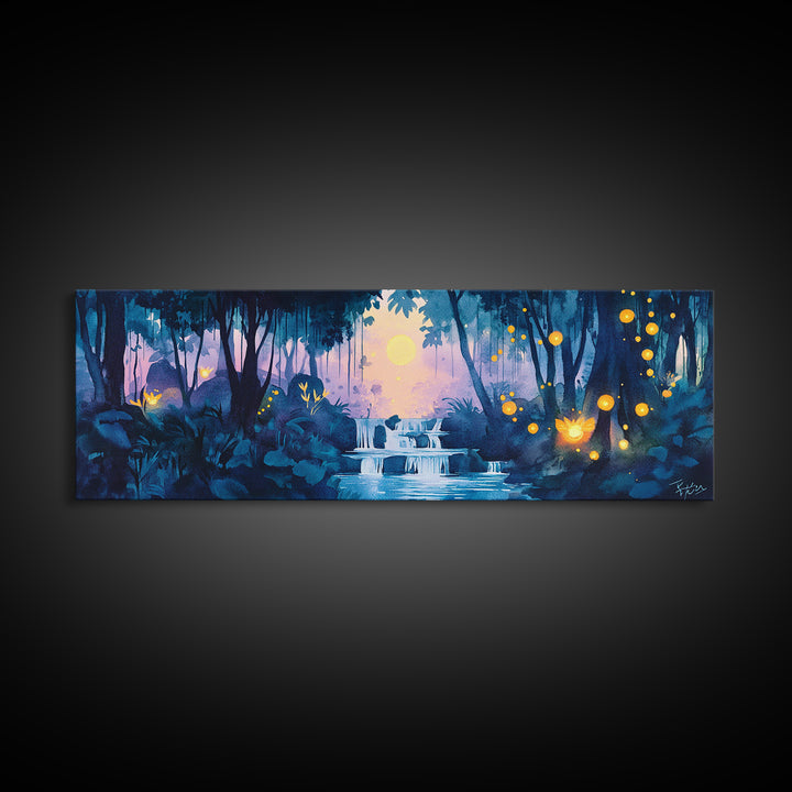 Moonlit Blue Jungle Waterfall With Glowing Fireflies Wall Art, Fantasy Watercolor Canvas Print, Whimsical Bathroom Decor