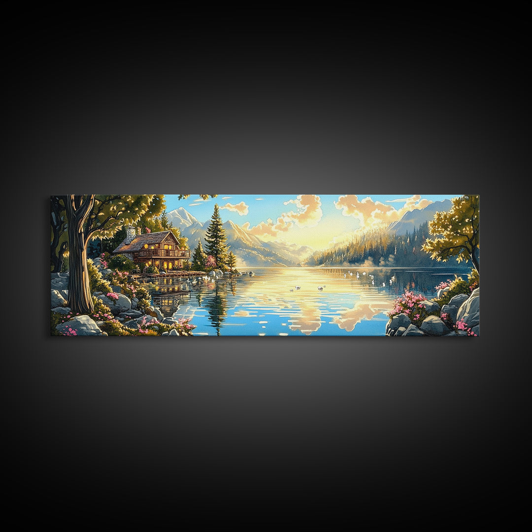 Alpine Lake Cabin With Mountain Reflections Wall Art, Panoramic Landscape Canvas Print, Rustic Lodge Home Living Room Decor