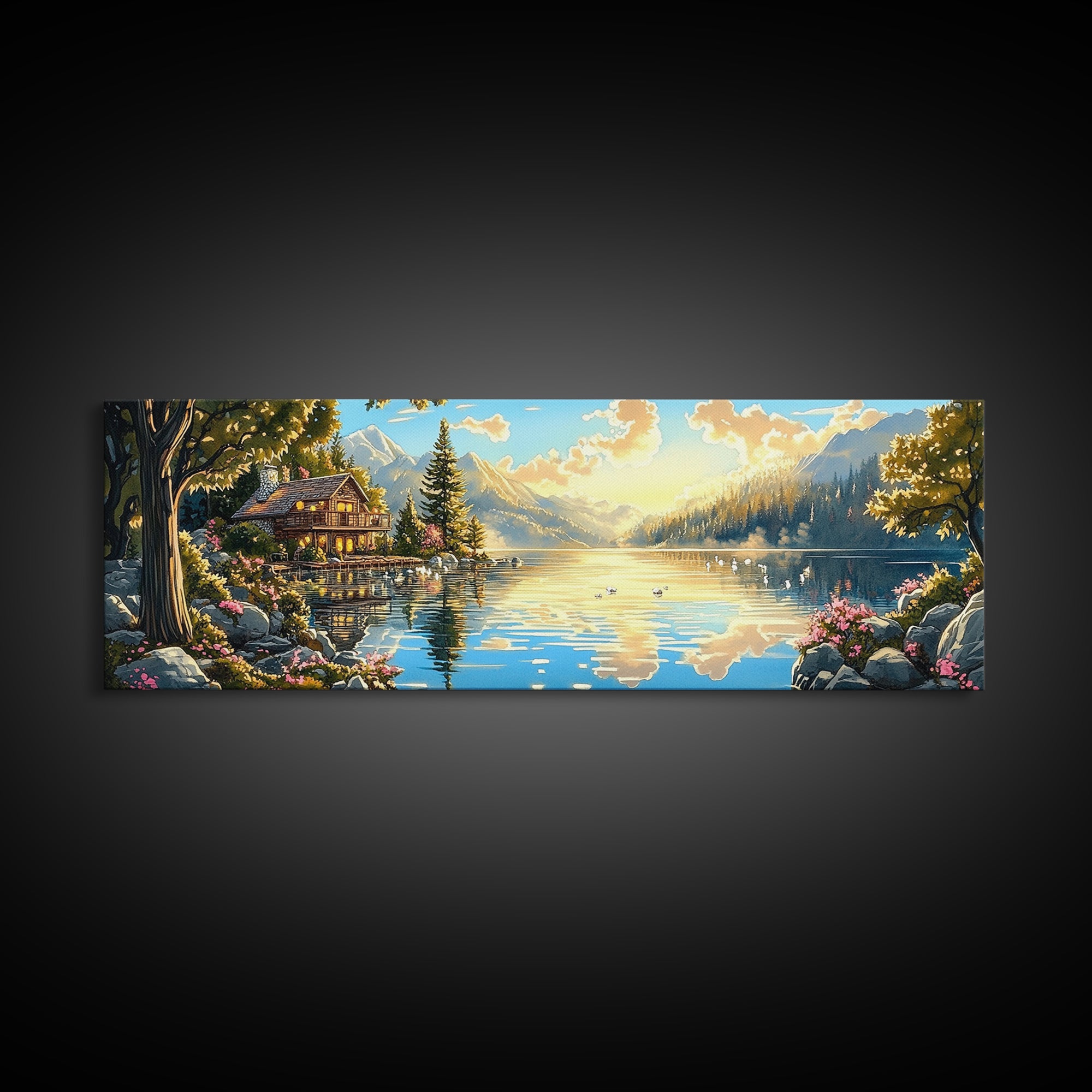 Alpine Lake Cabin With Mountain Reflections Wall Art, Panoramic Landscape Canvas Print, Rustic Lodge Home Living Room Decor