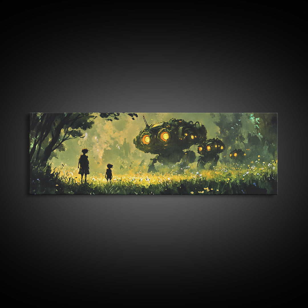 Children In Glowing Meadow Watching Flying Robots Wall Art, Sci Fi Fantasy Canvas Print, Whimsical Futuristic Home Decor
