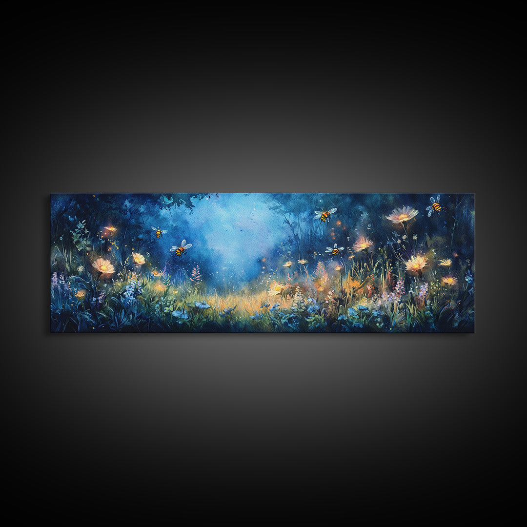 Glowing Firefly Wildflower Night Meadow Canvas Print, Whimsical Wall Art, Moody Botanical Art, Dark Blue Wall Decor, Bedroom Decor