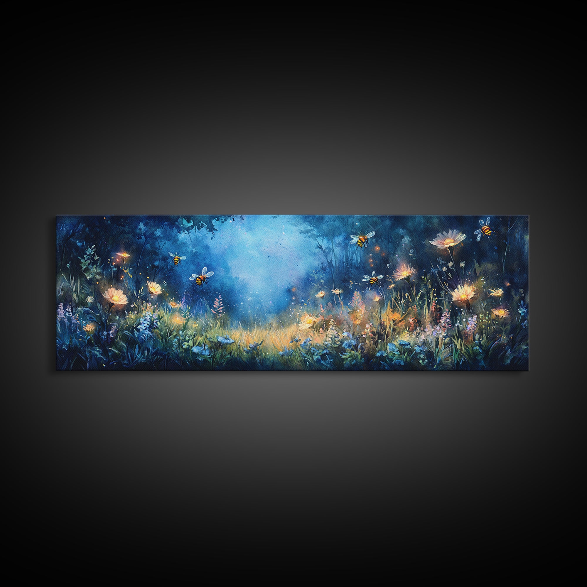 Glowing Firefly Wildflower Night Meadow Canvas Print, Whimsical Wall Art, Moody Botanical Art, Dark Blue Wall Decor, Bedroom Decor