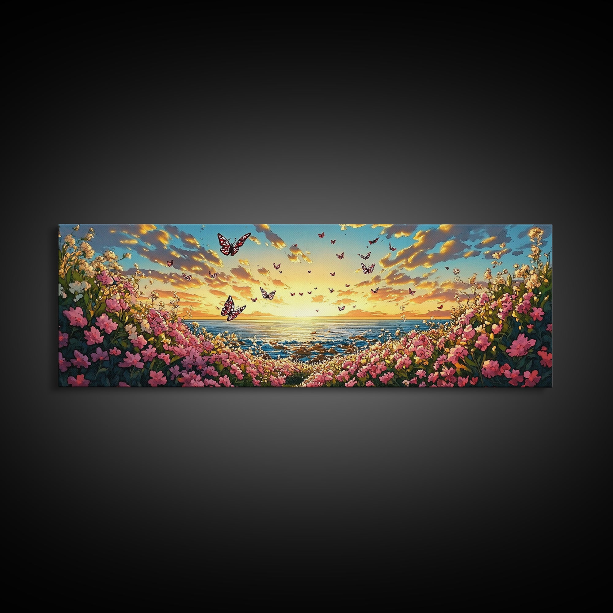 Butterfly Ocean Sunset Pink Flower Canvas Print, Coastal Wall Art, Romantic Bedroom Art, Beach House Decor, Gift For Her