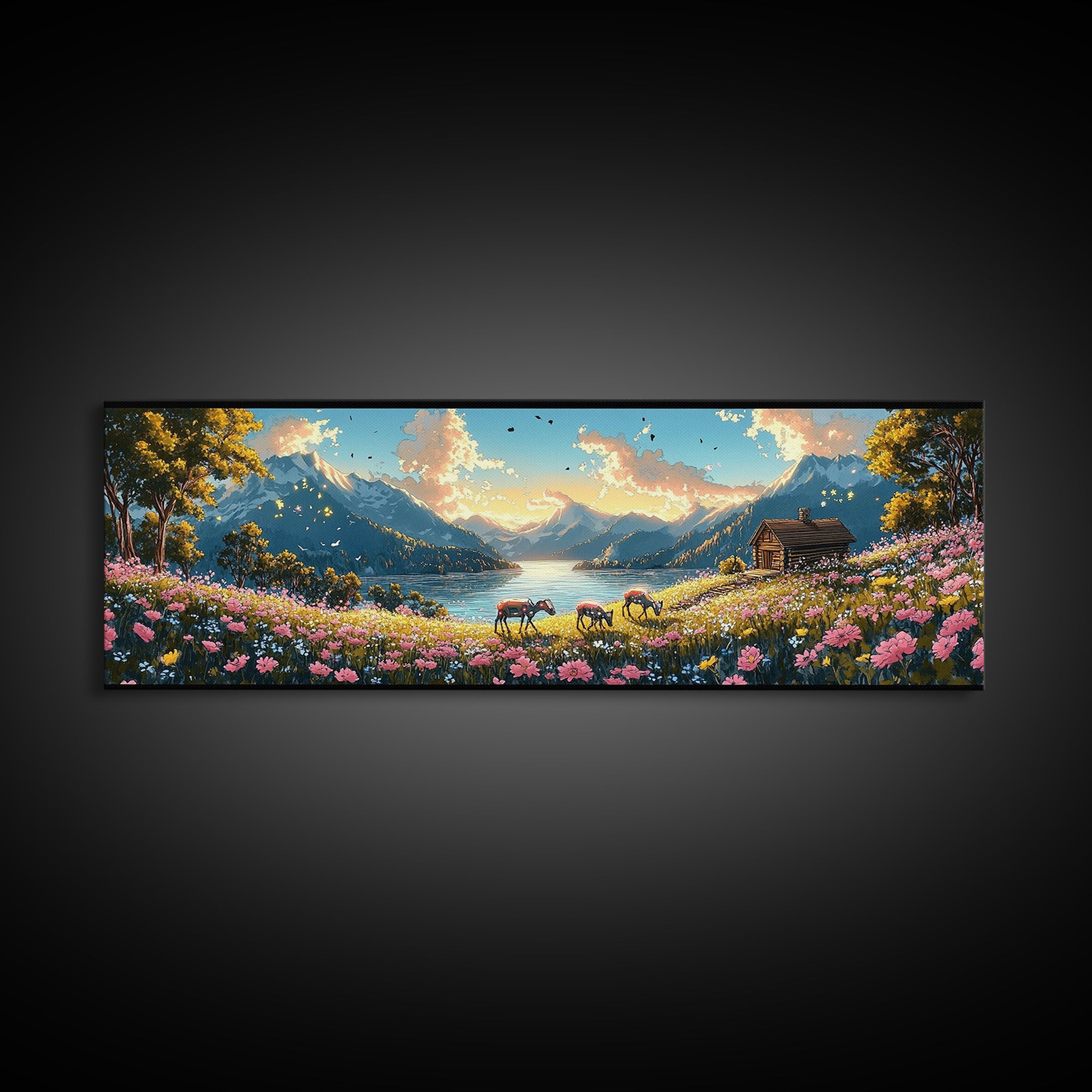 Alpine Lake With Horses And Flower Meadow Wall Art, Mountain Landscape Canvas Print, Rustic Cabin Decor, Living Room Art