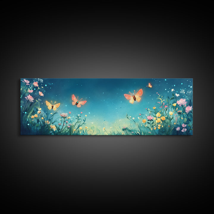 Butterflies Over Teal Wildflower Garden Wall Art, Whimsical Floral Canvas Print, Nursery Decor, Bedroom Wall Decor Gift