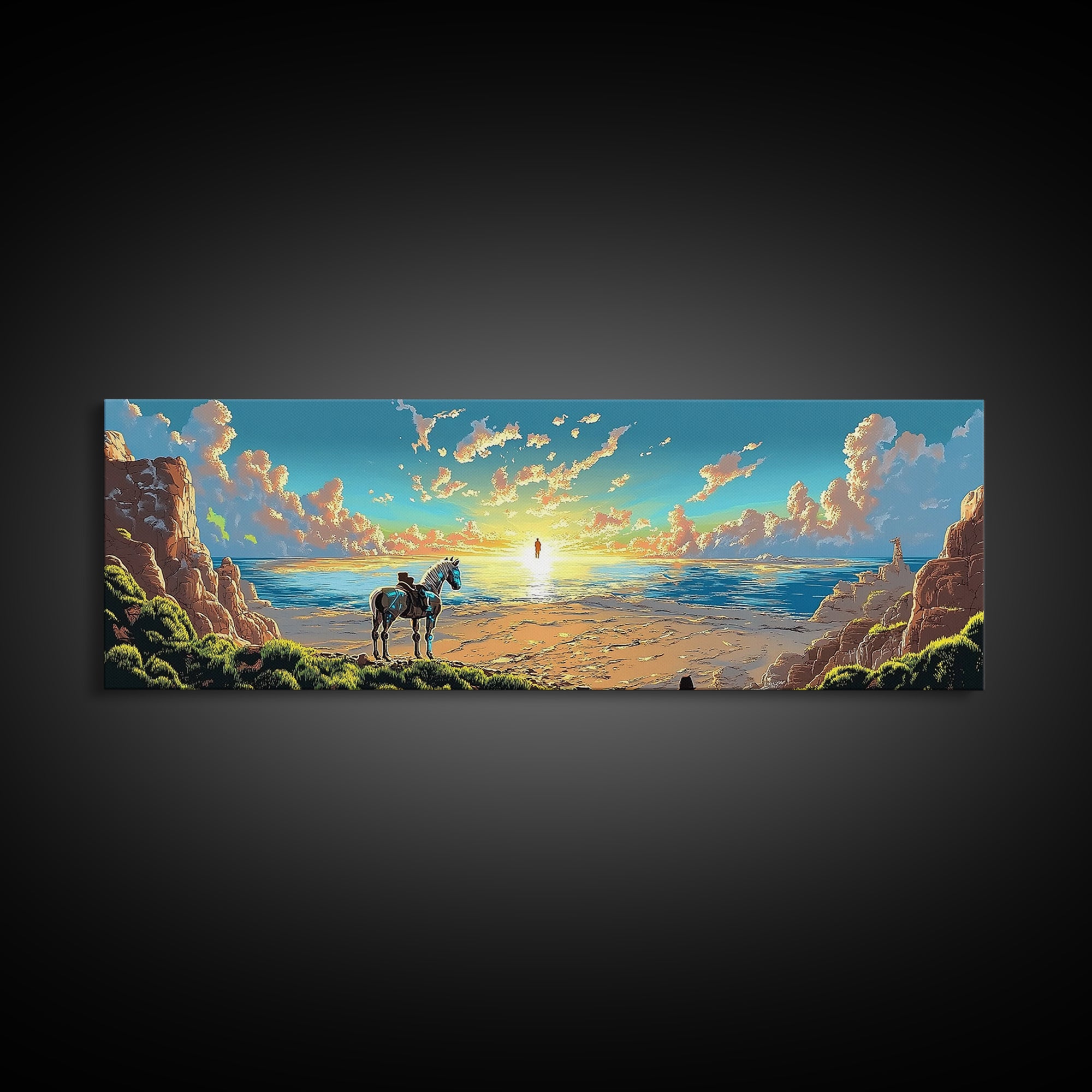 Lone Horse On Sunset Beach Wall Art, Coastal Landscape Canvas Print, Western Seascape Decor, Above Bed Wall Decor Gift Idea