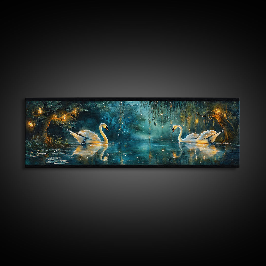 Moonlit Swans On Enchanted Pond Wall Art, Dark Botanical Framed Canvas Print, Romantic Bedroom Decor, Nature Wall Art Gift