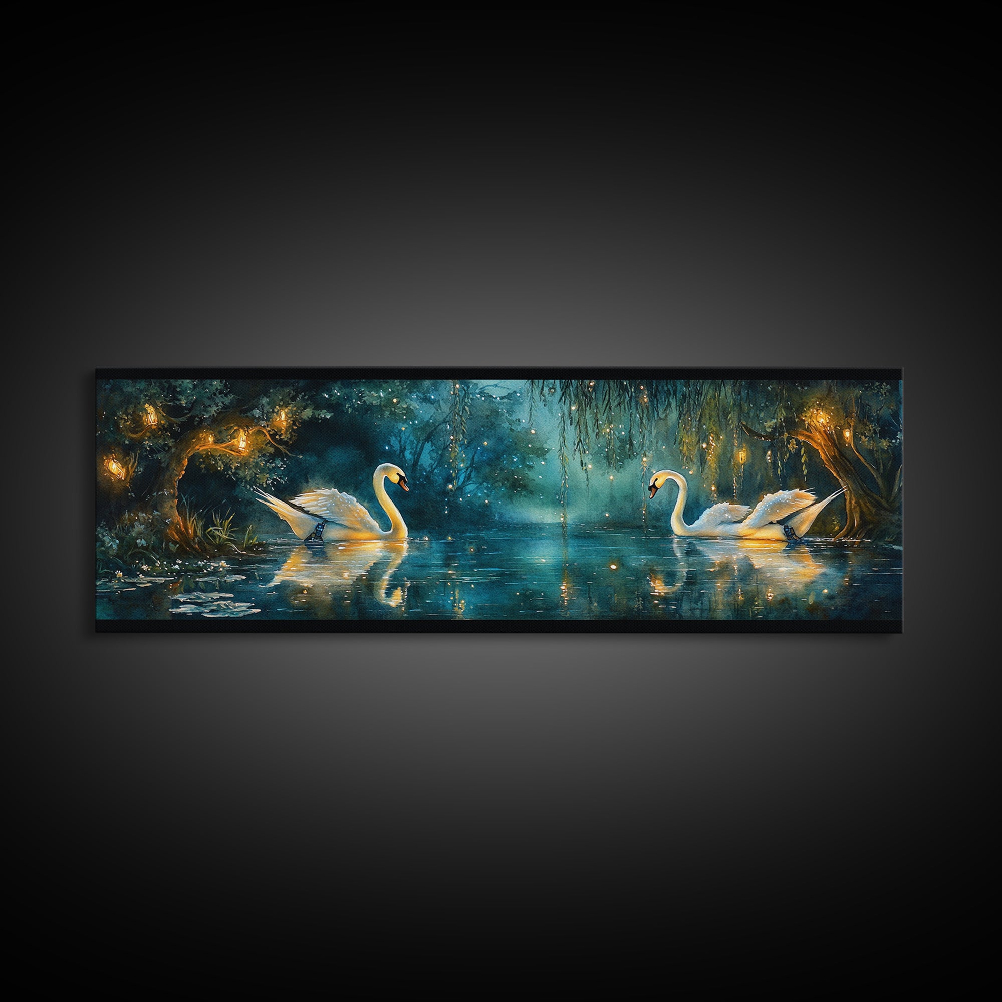 Moonlit Swans On Enchanted Pond Wall Art, Dark Botanical Framed Canvas Print, Romantic Bedroom Decor, Nature Wall Art Gift