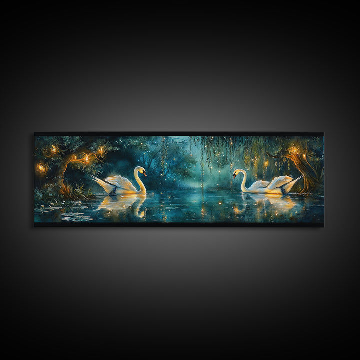 Moonlit Swans On Enchanted Pond Wall Art, Dark Botanical Framed Canvas Print, Romantic Bedroom Decor, Nature Wall Art Gift