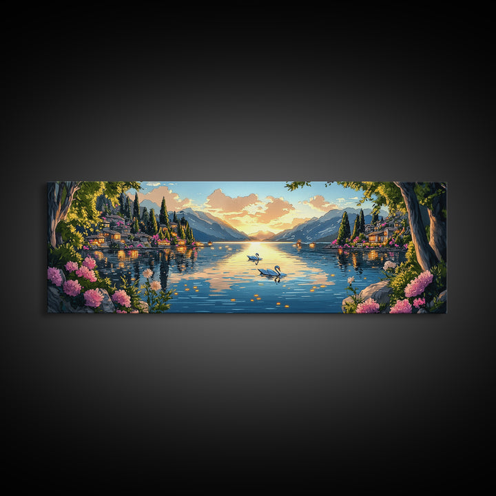 Italian Lake Sunset With Swans Framed Canvas Print, Romantic Coastal Wall Art, Mediterranean Decor, Large Living Room Art