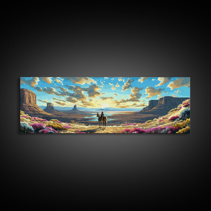 Western Desert Cowboy On Horse Framed Canvas Print, Monument Valley Wall Art, Southwestern Decor, Rustic Landscape Gift For Him