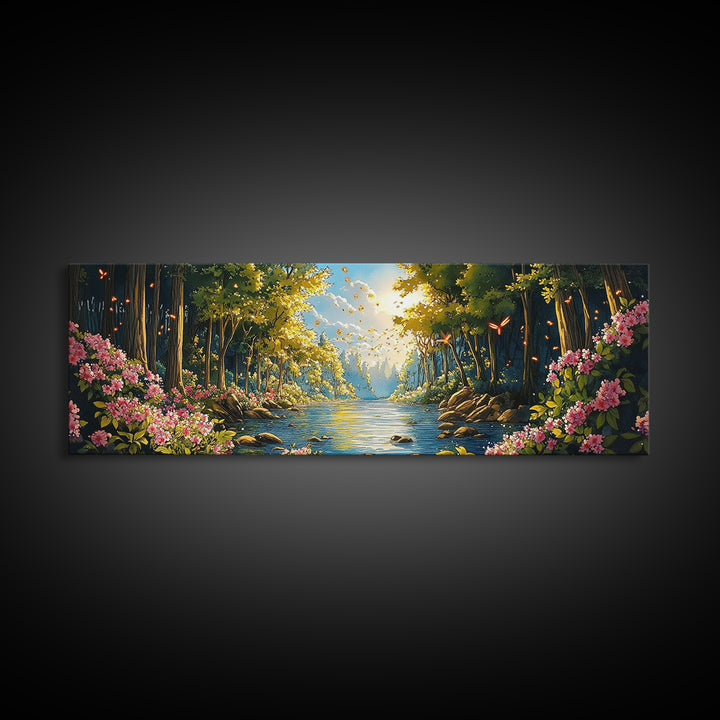 Enchanted Forest River With Flowers Canvas Print, Whimsical Wall Art, Nature Landscape Home Decor, Butterfly Gift For Her
