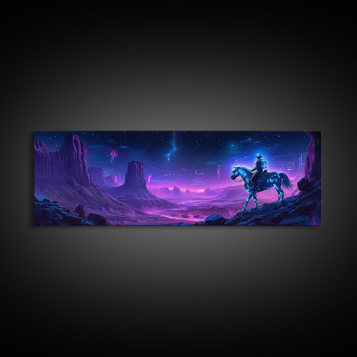 Neon Cyberpunk Cowboy In Desert Framed Canvas Print, Sci Fi Wall Art, Futuristic Western Decor, Gaming Room Gift For Him