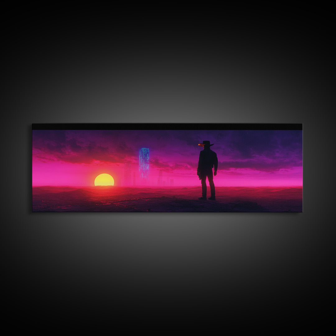 Neon Cowboy At Magenta Sunset Canvas Print, Cyberpunk Western Landscape, Futuristic Wall Decor, Gaming Room Art Gift For Him
