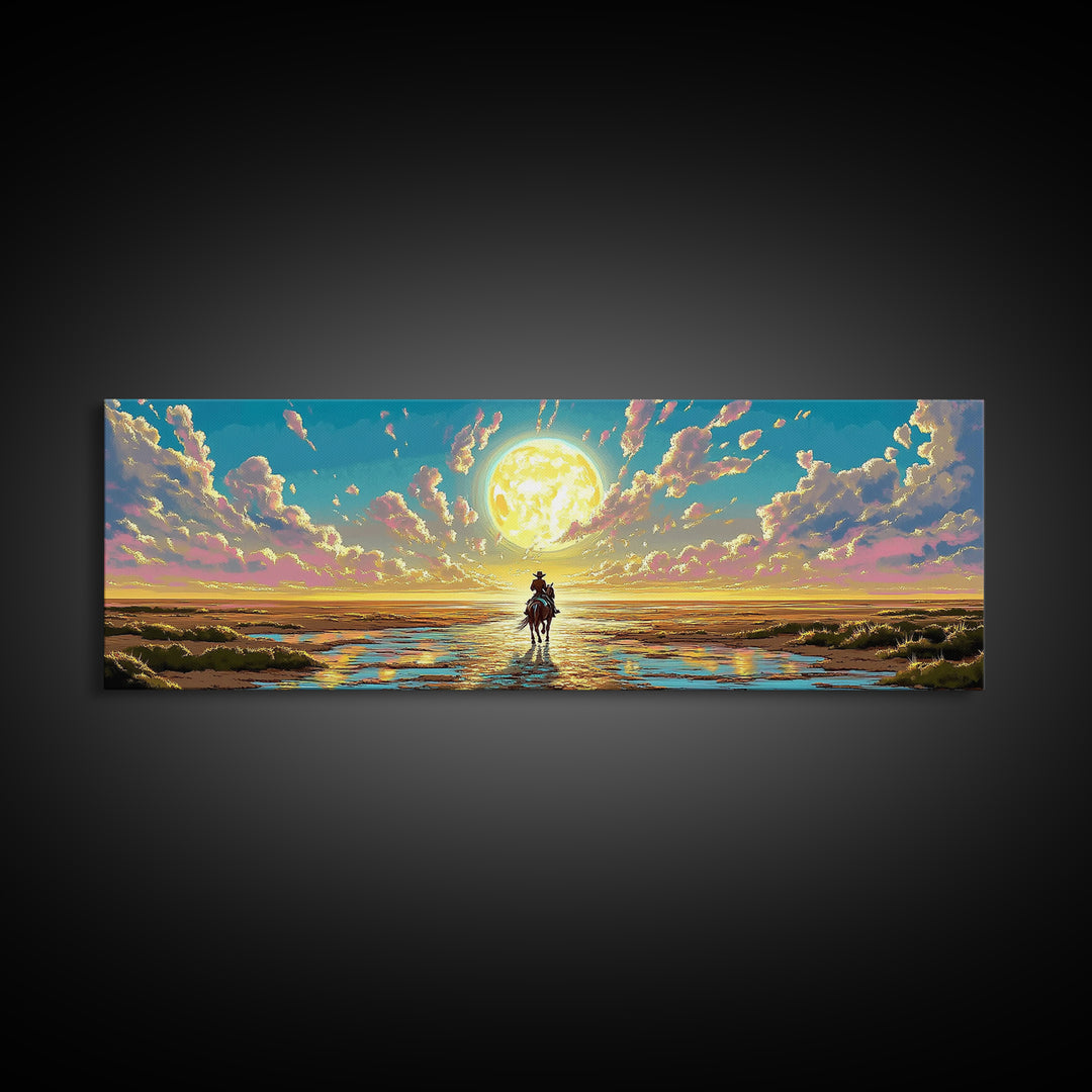 Solitary Rider Beneath Golden Moon Wall Art, Panoramic Western Landscape Print, Celestial Desert Decor, Above Bed Art Gift