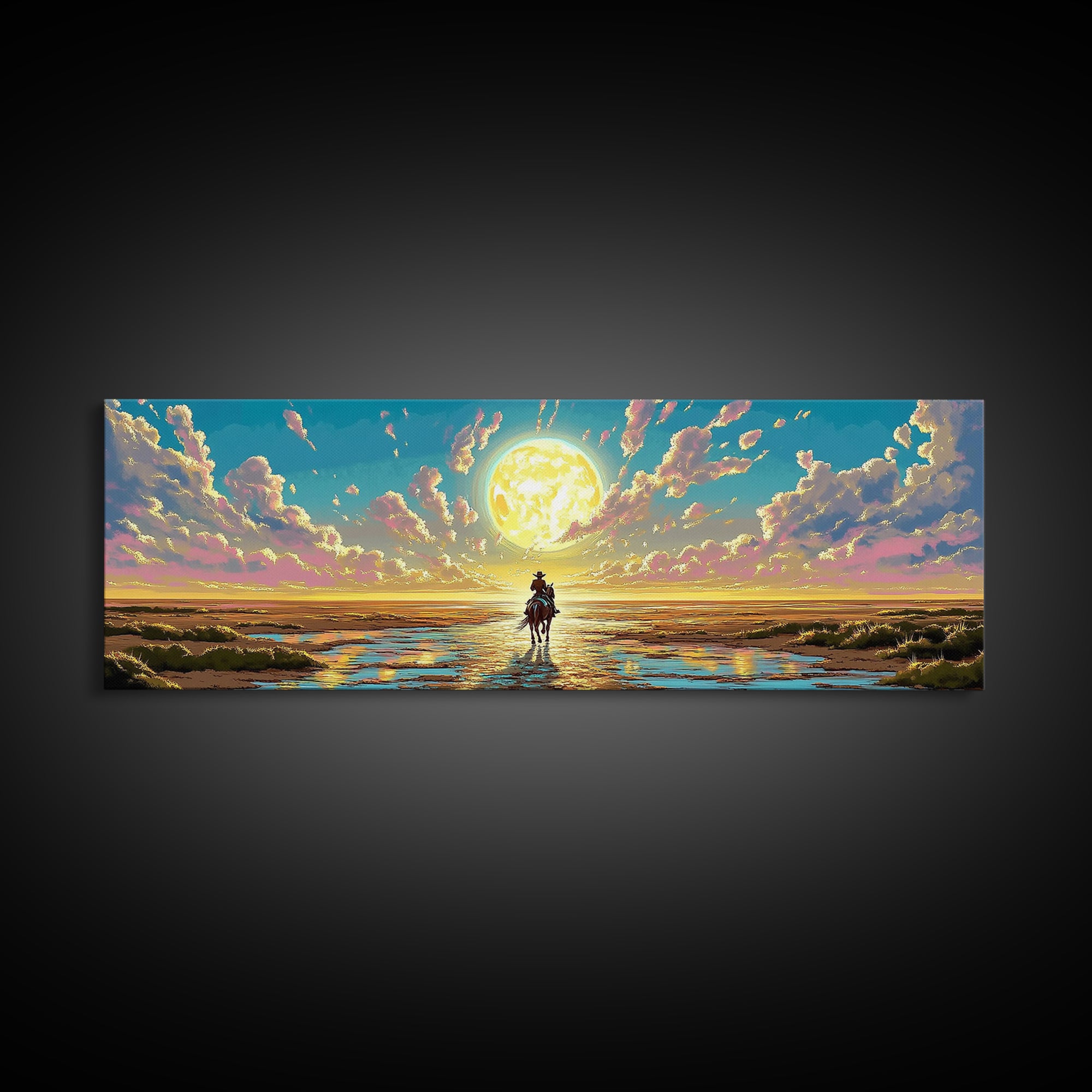 Solitary Rider Beneath Golden Moon Wall Art, Panoramic Western Landscape Print, Celestial Desert Decor, Above Bed Art Gift