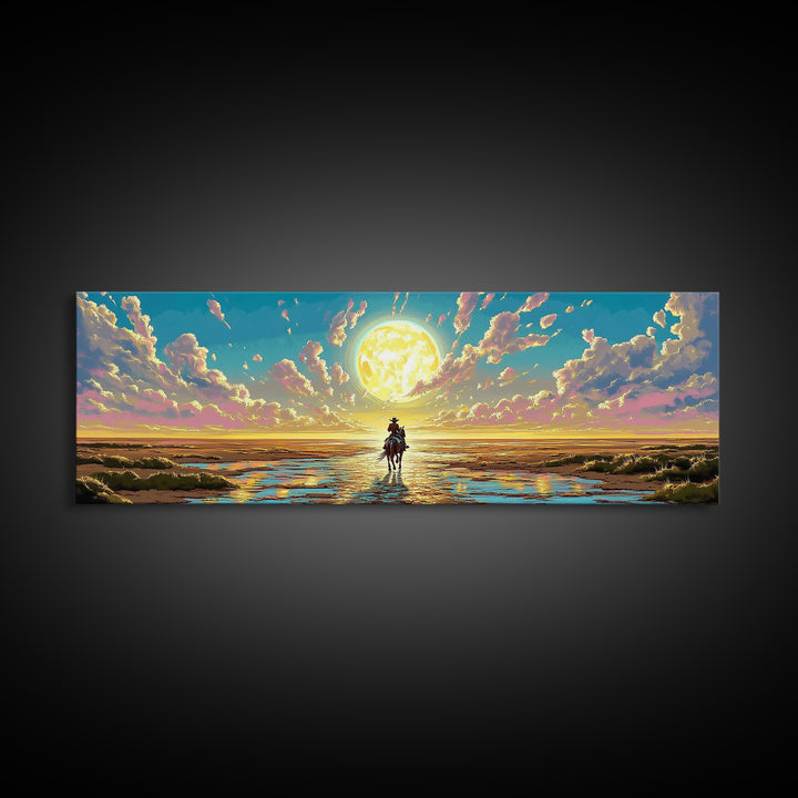 Solitary Rider Beneath Golden Moon Wall Art, Panoramic Western Landscape Print, Celestial Desert Decor, Above Bed Art Gift