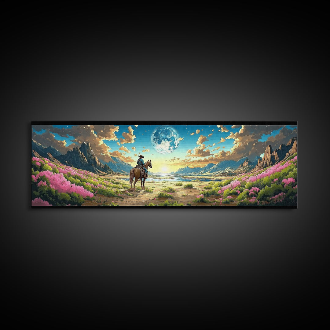 Cowboy On Horse In Moonlit Flower Valley Framed Canvas Print, Western Mountain Landscape, Pink Floral Wall Decor Gift For Her