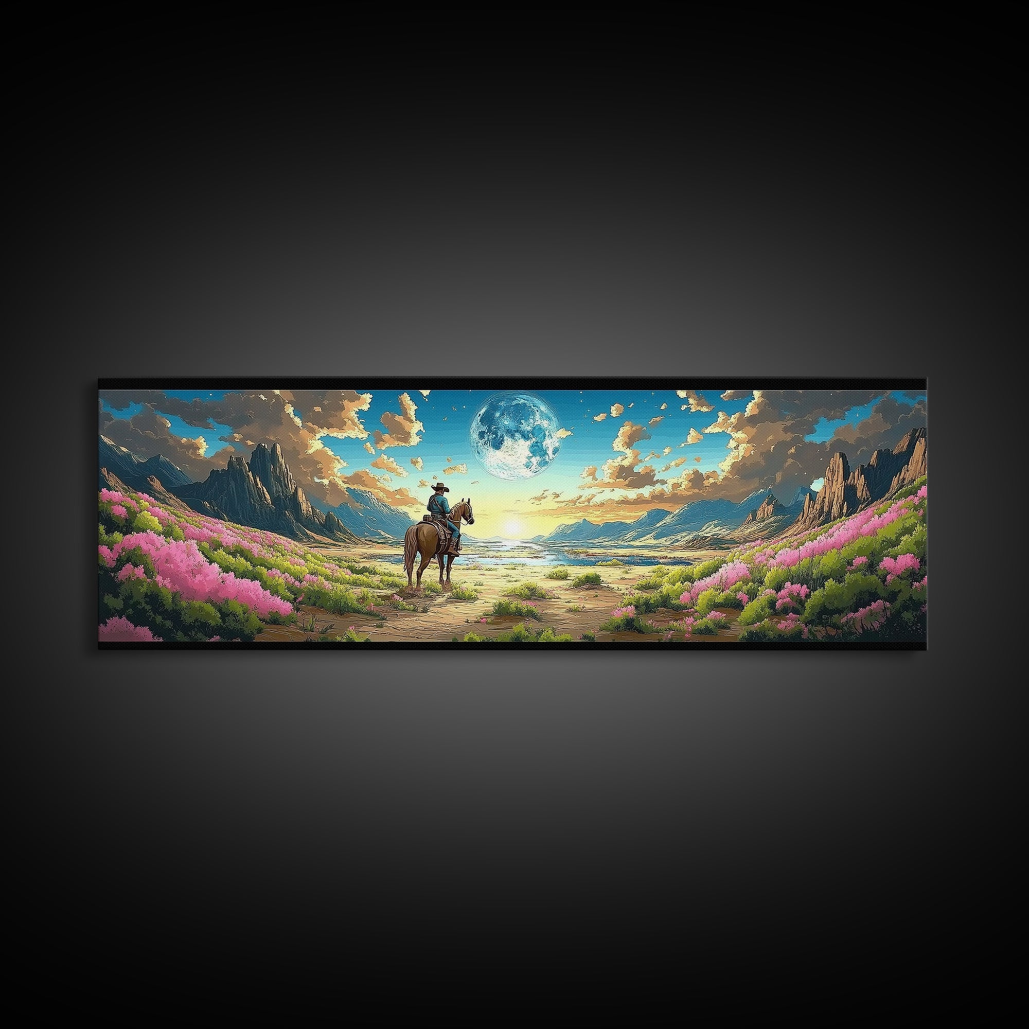Cowboy On Horse In Moonlit Flower Valley Framed Canvas Print, Western Mountain Landscape, Pink Floral Wall Decor Gift For Her